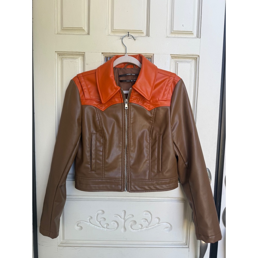 Silence + Noise Brown Faux Leather Western Cropped Moto‎ Jacket Size Medium